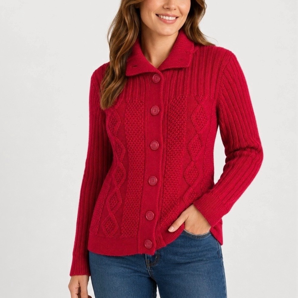 LL Bean Red Cable Knit Wool Blend Collar Button Up Cardigan Sweater MEDIUM